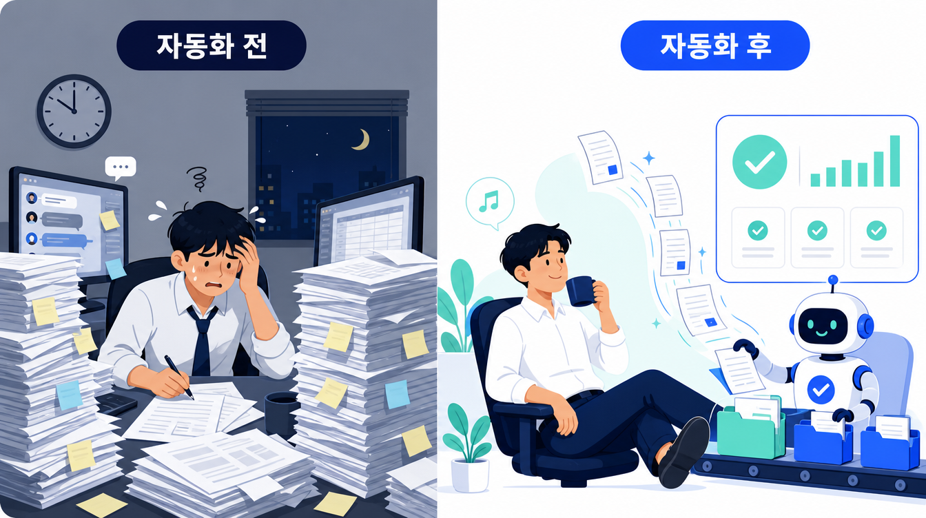자동화 전에는 서류 더미에 파묻혀 야근하던 담당자가, 자동화 후에는 로봇이 업무를 처리하는 동안 커피를 마시며 확인만 하는 모습